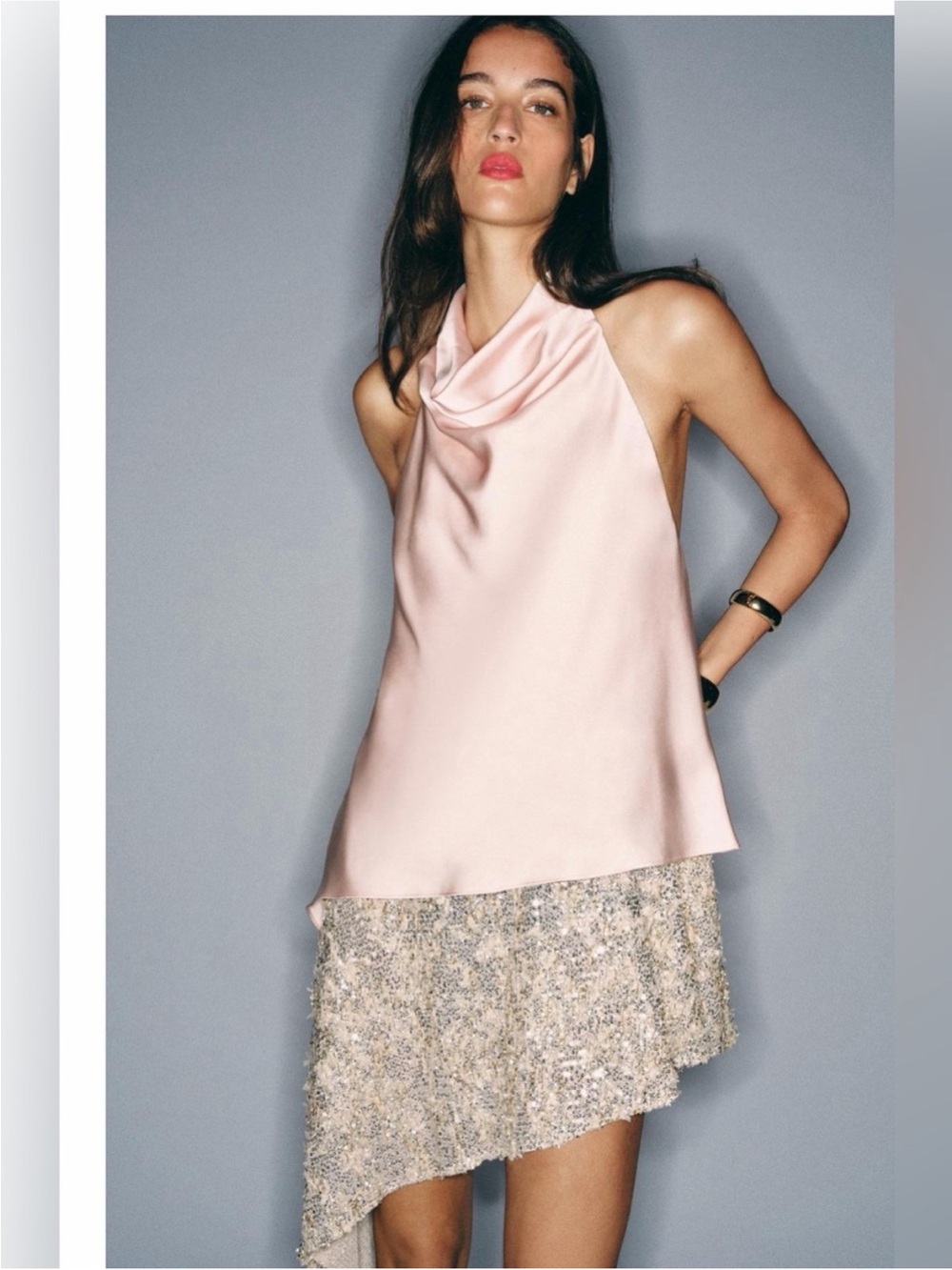 Zara Pale Pink Satin Halter Asymmetrical Sequin Skirt Dress